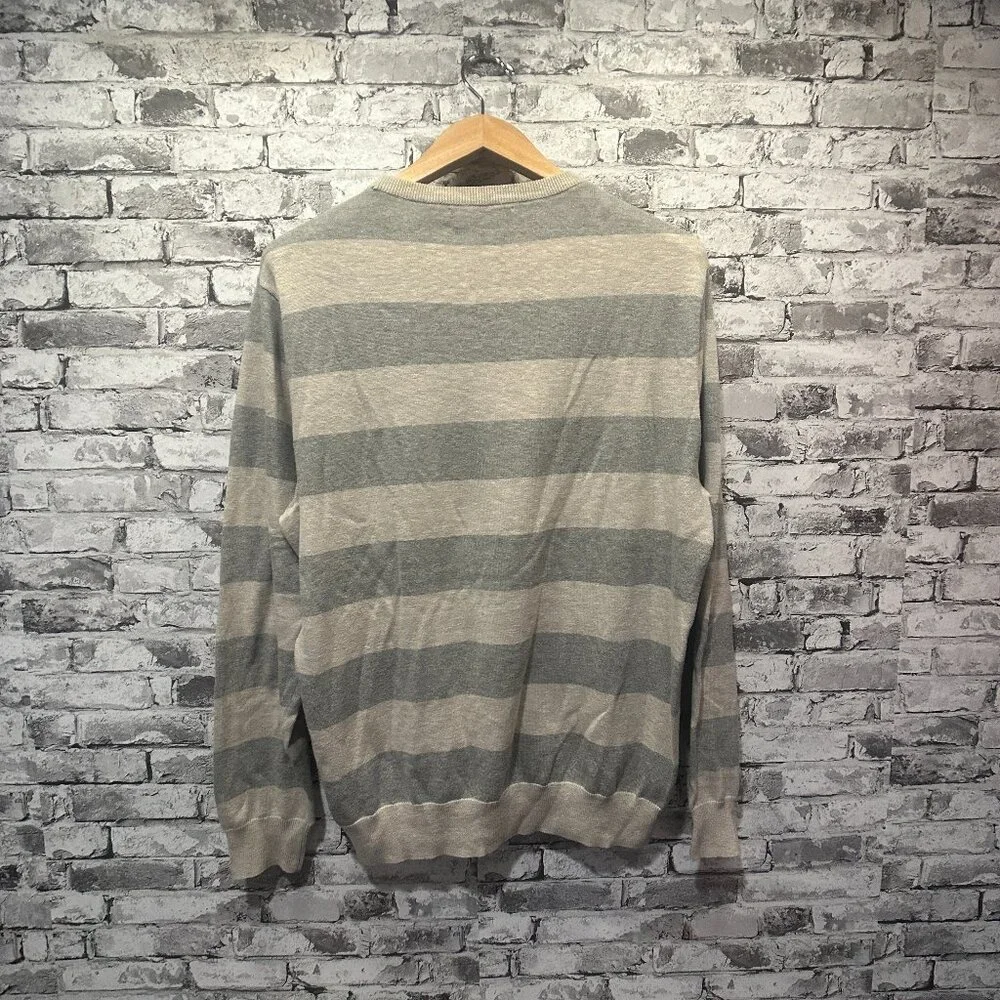 EUC J.Crew Cotton Gray Heathered Strip Long Sleeve Pullover Sweater Size Medium